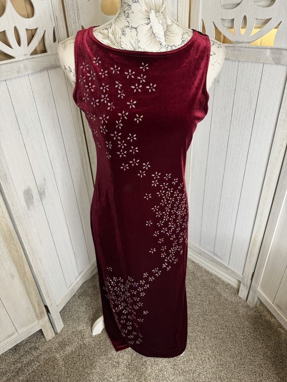 Vintage 90s Red Velvet Glitter Flowers Bodycon Maxi Wimsygoth Size Medium